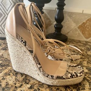Faux leather snakeskin wedge with woven heel
